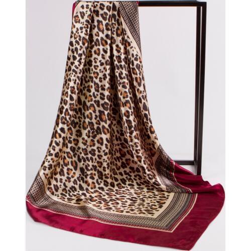 Luxury Kerchief Silk Satin Hijab Scarf For Women Square Shawls Leopard Print Head Scarfs Female 90*90cm Neck Scarves For Ladies