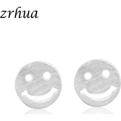 ZRHUA High Quality Silver Color Color Smile Face Stud Earrings for Women Girls Simple Tiny Cute Brincos Daily Accessories