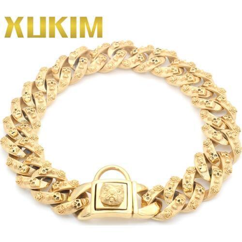 Xukim Jewelry Bull Bully Dog Chain 316L Stainless Steel Gold Plating Skull Punk Gothic Pet Necklace Gift for Pet Dogs