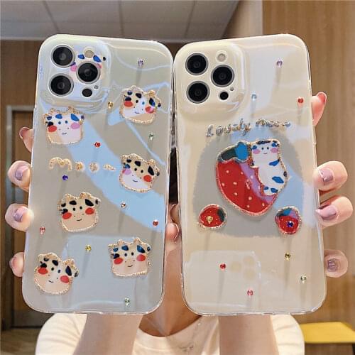 Lovely Milk Cow Strawberry Bling Diamond Protect Armor Cover Case For iPhone 12 Pro Max 11 XR XS X 8 7 Plus