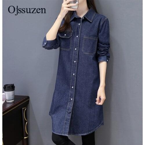 Long Sleeve Womens Blouse Long Dark Blue Ladies Tops Oversize Women Shirts Large Size 3XL With Pocket Female Blouses