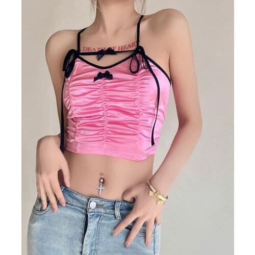 Sexy Lace Patchwork Bow Bandage Crop Top Womens Spaghetti Strap Sleeveless Backless Ruched Camisole Y2K E-Girls Kawaii Cami Top