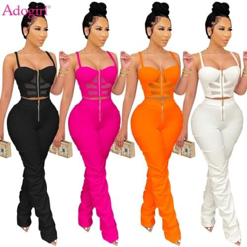 Adogirl Solid Fashion Sexy Two Piece Set Women Sheer Mesh Patchwork Zipper Camis Cropped Top High Waist Stacked Pants Suit