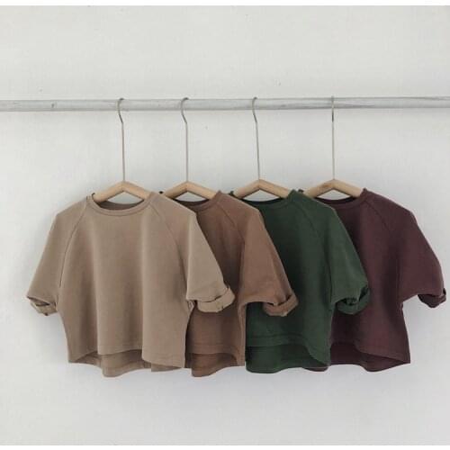 T-shirt 2021 Autumn New Korean Style Boys and Girls Textured Brushed Batwing Sleeve Top Childrens Bottoming Shirt