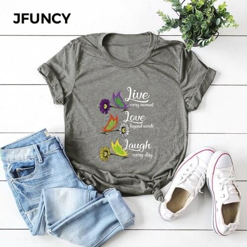 JFUNCY Sunflower, Daisy, Butterfly Graphic Tees Women Tops 100% Cotton Summer T-shirt Plus Size Short Sleeve Woman Shirts