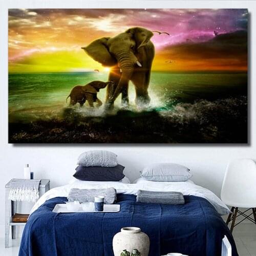 Sunset Landscape Canvas Painting Big and Small Elephant Playing In Water Poster Modern Living Rooml Art Aesthetic Decor Picture