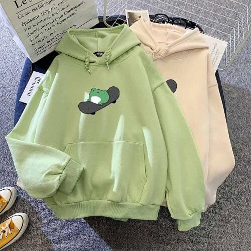 Kawaii Frog Hoodie Green Sweatshirt Pullover Hoodie Women Animal Print Tops for Women Letter Men and Women Sweatshirt Aesthetic