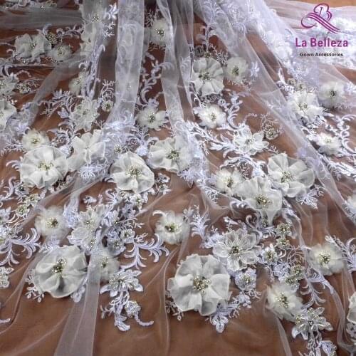 La Belleza hand-made off white 3D flowers beaded on pure white cord lace fabric,large pattern lace fabric for brida dress 1 yard