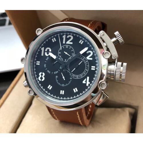 50mm GEERVO right hand style crown black dial Automatic Self-Wind movement Auto Date Mens watch cow Leather strap PA169-P8
