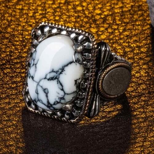 Silver Cambered White Turquoise Gemstone Men Ring Handmade Ebroidered Ring High Quality Fashionable Solid 925 Sterling Silver