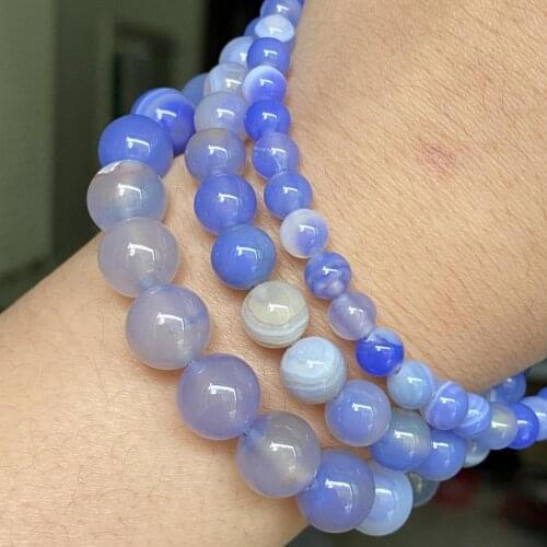 Natural Stone Blue Striped Agates Beads 6 8 10mm 15” Round Loose Spacer Beads For Jewelry Making Needlework Diy Bracelets Charm