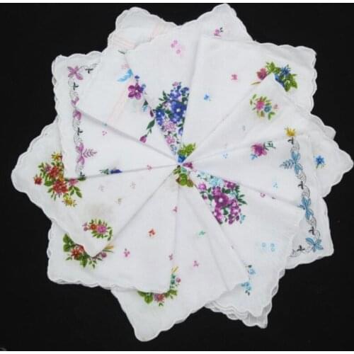 Vintage white Ladies lace square Handkerchief Cotton Flowers Women children print face hand towels Hanky wedding Gifts 10pcs/lot