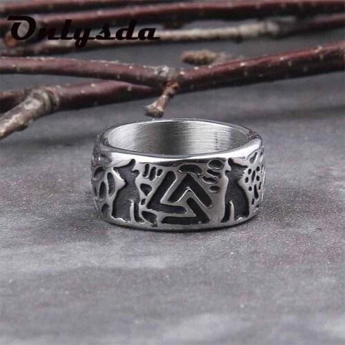2021 New Gothic Viking Style Men Wolves of Odin Valknut Forging Stainless Steel Ring Pagan Nordic Amulet Biker Jewelry Man Gift