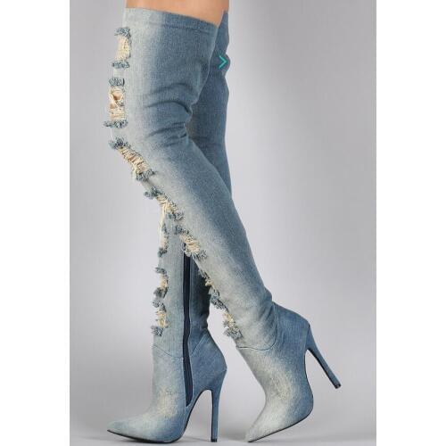 New designer thigh high cut-outs high heel women boots Spring Autumn pointed toe long denim boots size 34 to 42 free shipping