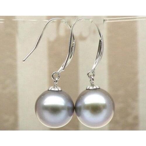 Charming AAA 9 mm Natural akoya silver gray pearl dangle earring 14K/20 white gold