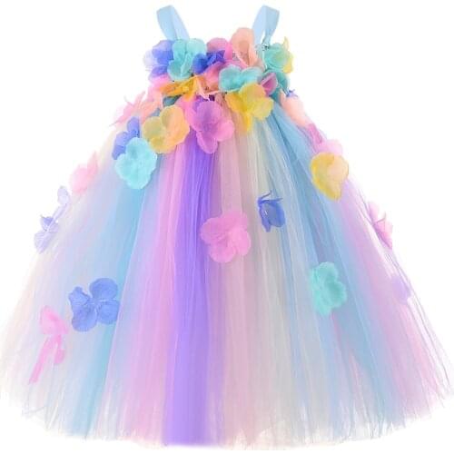 Pastel Flower Fairy Girl Tutu Dress Princess Tulle Flower Girl Dresses for Weddings Pageant Gowns Kids Girl Birthday Party Dress