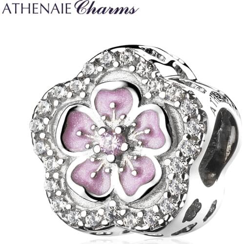 ATHENAIE 925 Sterling Silver Pink Enamel Clear CZ Cherry Blossoms Charms Fit Original Charm Bracelets Necklaces for Women