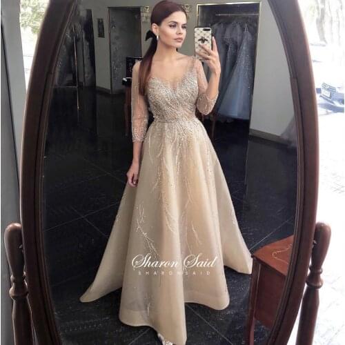 Luxury Champagne Dubai Evening Dress 3/4 Long Sleeve 2021 Sparkly Crystal Muslim Women Formal Dress For Wedding Party Night Gown