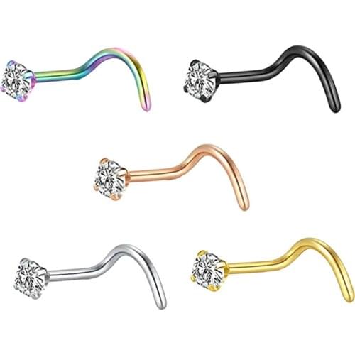 TIANCIFBYJS Stainless Steel Nose Stud Set Round CZ Crystal Nose Piercings 3MM L Shape Nostril Piercing Jewelry 20g 5 color Mix