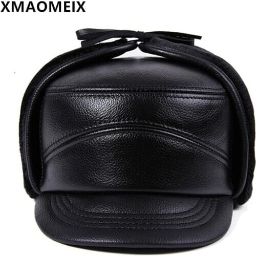 XMAOMEIX Winter Nature Genuine Leather Hat Men Warm Fur Bomber Hats Fluff Thermal Earmuff Cap Cold Proof Cowhide Leather Ski Cap