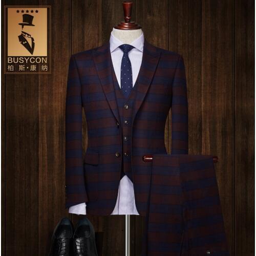 Brown blue plaid wedding suits for men costume homme mariage 2018 ( Jacket +Pants )