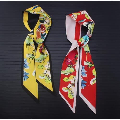 Abstract Hand Painted Flower And Bird Prints Skinny Scarf 2019 New Brand Silk Scarf For Women Fashion Bag Head Scarf For Ladies