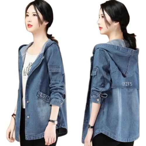 2021 New Spring Autumn Embroidered Large Size Womens Denim Jacket Mid-length Splicing Hooded Loose All-match Ladies Denim Coat