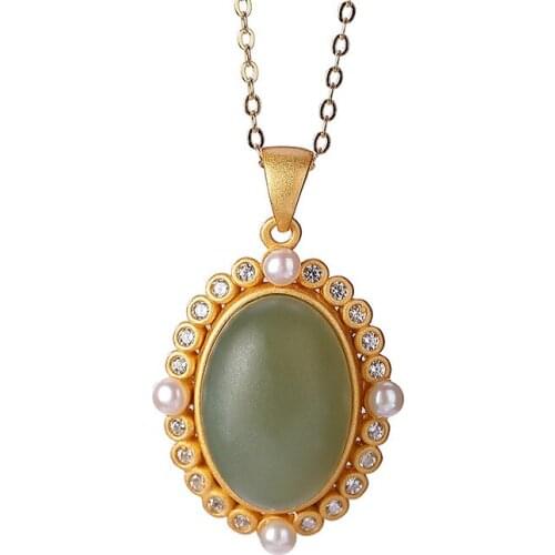 925 sterling silver gold plated Hetian jade Qiemo blue pearl set chain fashion temperament ladies' pendant