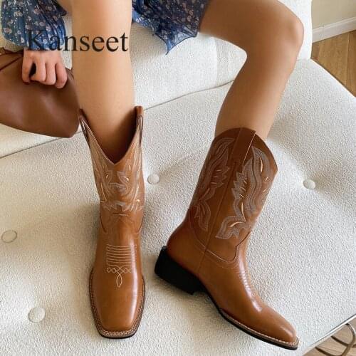 Kanseet New Women Mid-Calf Boots 2021 Autumn Winter Cow Leather Embroider Handmade Square Toe Brown Mid Heels Female Shoes Hot