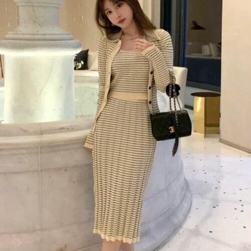 Knitted 3 Piece Set Women Striped Single Breasted Long Sleeve Cardigan + Vest + Mid-Length Skirts Suits Female Spring Autumn