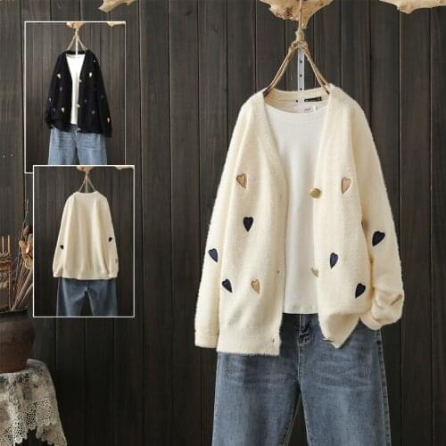 Spring Autumn New Fashion V-neck Embroidered Love Knit Cardigan Sweater coat Womens Single-breasted Loose Sweater Jacket s409