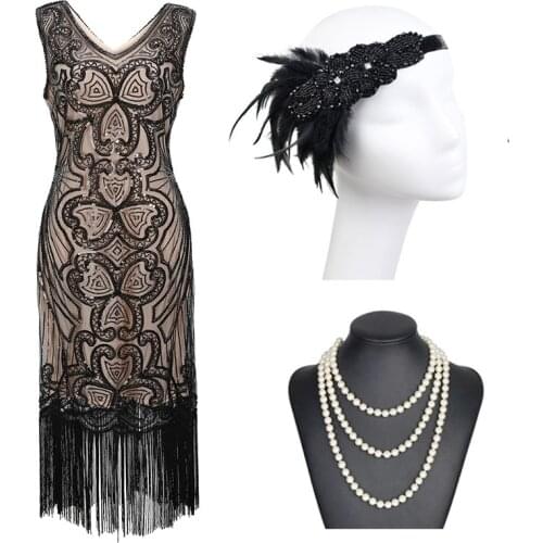 Womens Flapper Dresses 1920s V Neck Beaded Fringed Great Gatsby Dress (Pink/black/red/apricot) S-XXL