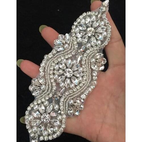 2 Pieces 15.5*5cm Rhinestone Applique Beaded Strass Trimmings Hotfix Motif for Garment Accessory Wedding Gown Dress