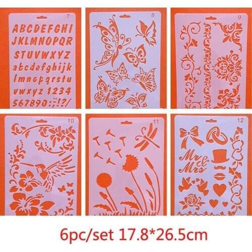 6pc Stencil Bullet Journal Butterfly Flower Painting Template Plastic Scrapbooking Embossing Decoration Office School Supplies