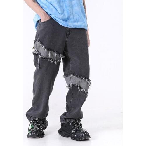 Harajuku High Street Retro Washed Raw Edge Patchwork Jeans Pants Men and Women Loose Zipper Fly Hip Hop Denim Trousers Wide Leg