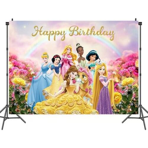 125x80cm Disney Princess Photo Backdrop Girls Rainbow Kids Happy Birthday Party Decoration Vinyl Cloth Photography Backgrounds
