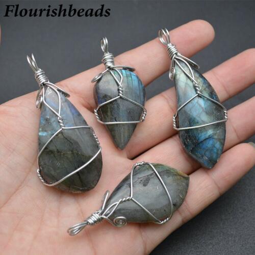 Smooth High Quality Natural Labradorite Metal Wire Wrapped Stone Water Drop Shape Unique Pendant Jewelry Fits Necklace Makings