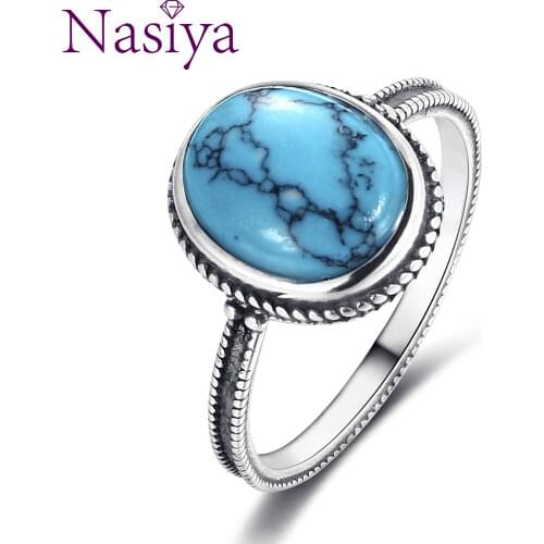 100% 925 Sterling Silver Ring Oval 8*10MM Natural Turquoise Vintage Ring Female Party Anniversary Gift Wholesale