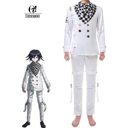ROLECOS Anime Danganronpa V3 Killing Harmony Kokichi Oma Outfit Cosplay Costume School Uniform White Top Pants Tie Suit with Hat