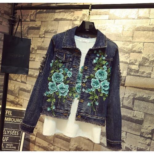 Spring autumn womens casual green flowers embroidery broken hole jacket female vintage slim Jean jacket TB3386