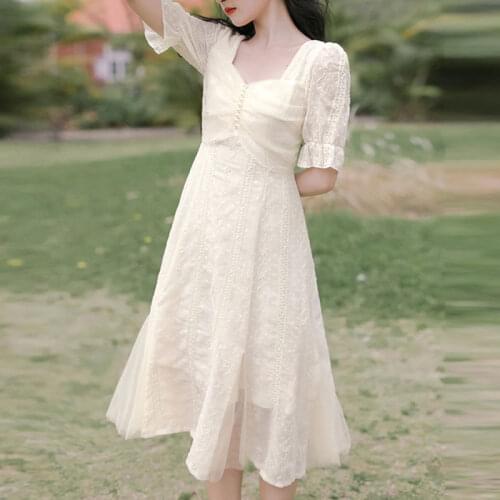 Summer French Vintage Dresses Women Solid Designer Slim Elegant Fairy Dress Casual Patchwprk Holiday Party Dress 2021 New