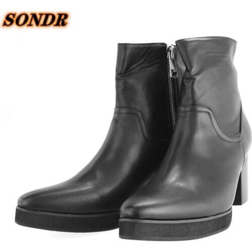 Men Fashion High Heels Ankle Boots Black Genuine Leather British Zipper Casual Men Pointed Toe Shoes Dress Botas De Homens