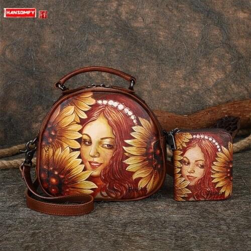 Original Fashion Leather Women Handbags ladies small portable hand-painted first layer cowhide leather shoulder bag + wallet