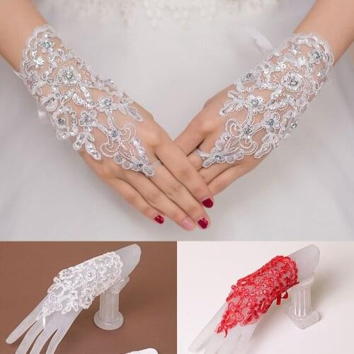 Short Bridal Gloves Wedding Gloves Women White Fingerless Rhinestone Lace Appliques Sequins Sunscreen Wrist Length Mittens