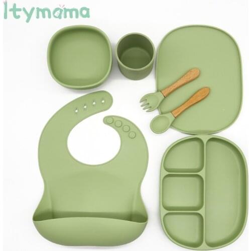 6pcs/set Baby Feeding Silicone Tableware Waterproof Bib Solid Color Dinner Plate BPA Free Sucker Bowl And Spoon For Children
