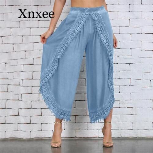 Dancing Pants Lace Girl Elastic Waist Lace Crochet Wide Leg Pants Calf-length Cotton Trousers Hippie Boho Women Capris Pants