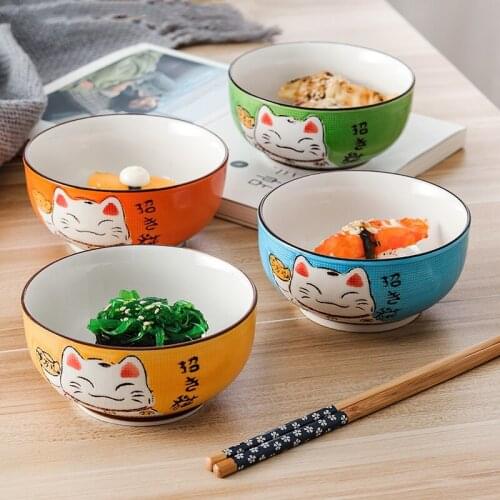 Multi-size Japanese Lucky Cat Round Ceramic Bowl Restaurant Household Bone China Salad Bowl Noodle Soup Bowl Kawaii Bowl