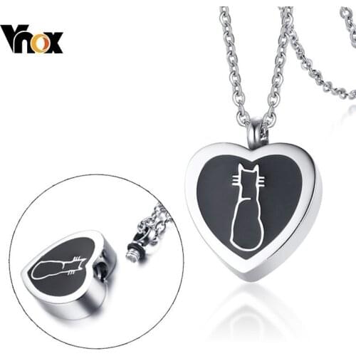 Vnox Cute Cat Openable Heart Pendant for Women Men Necklace Stainless Steel Urn Memorial Pet Cremation Ashes Keepsake Jewelry