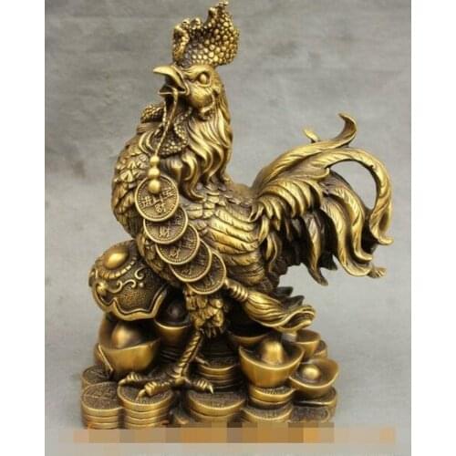 YM 322 12 Lucky Chinese Pure Bronze Wealth RuYi Coin YuanBao Zodiac Cock Rooster Statue