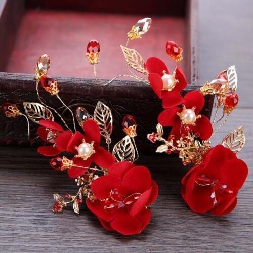 Hot Sale 1pc Women Girl Hair Pin Hair Accessories Red Flower Leaf Crystal Bridal Hair Clip Hairpin Tiara Headpiece Head Jewelry